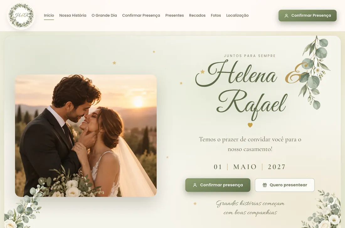 Prévia do site de casamento Jardim Romântico, com foto do casal, nome em caligrafia e botões de confirmar presença e presentear.